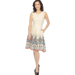 Beige Border Print Fit and Flare Knee Length Dress