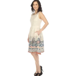 Beige Border Print Fit and Flare Knee Length Dress