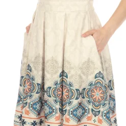 Beige Border Print Fit and Flare Knee Length Dress