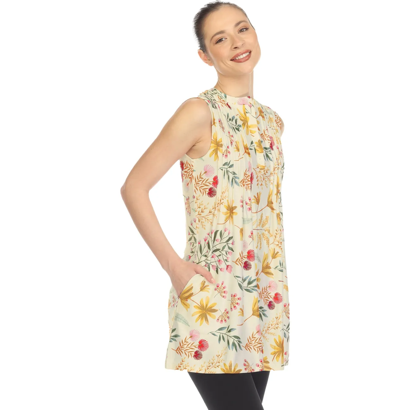 Beige Floral Sleeveless Tunic Top