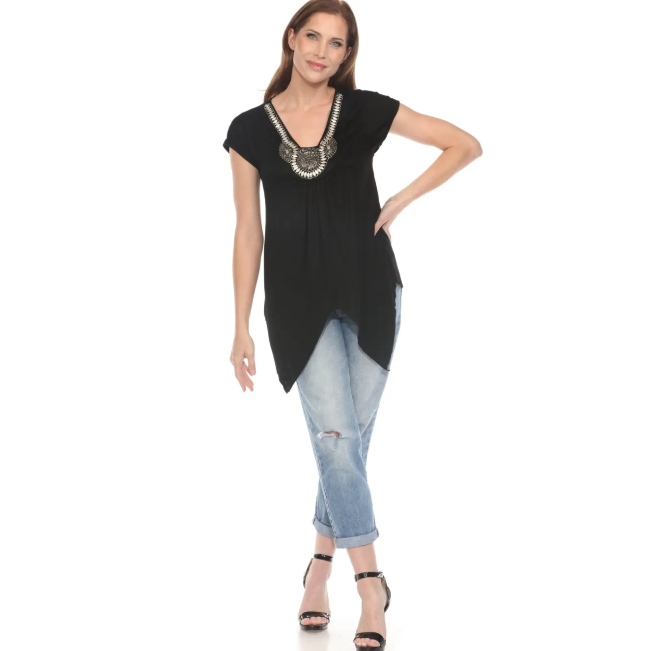 Black Beaded Angled Hem Knit Top