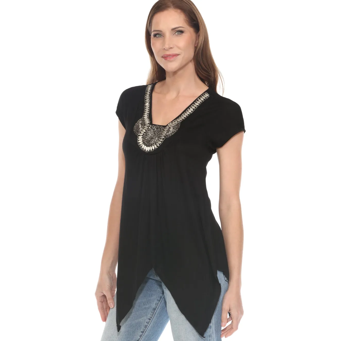 Black Beaded Angled Hem Knit Top