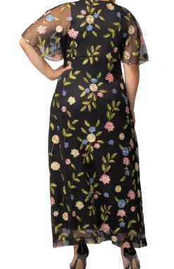Black Blossom Print Embroidered Elegance Evening Gown - Plus