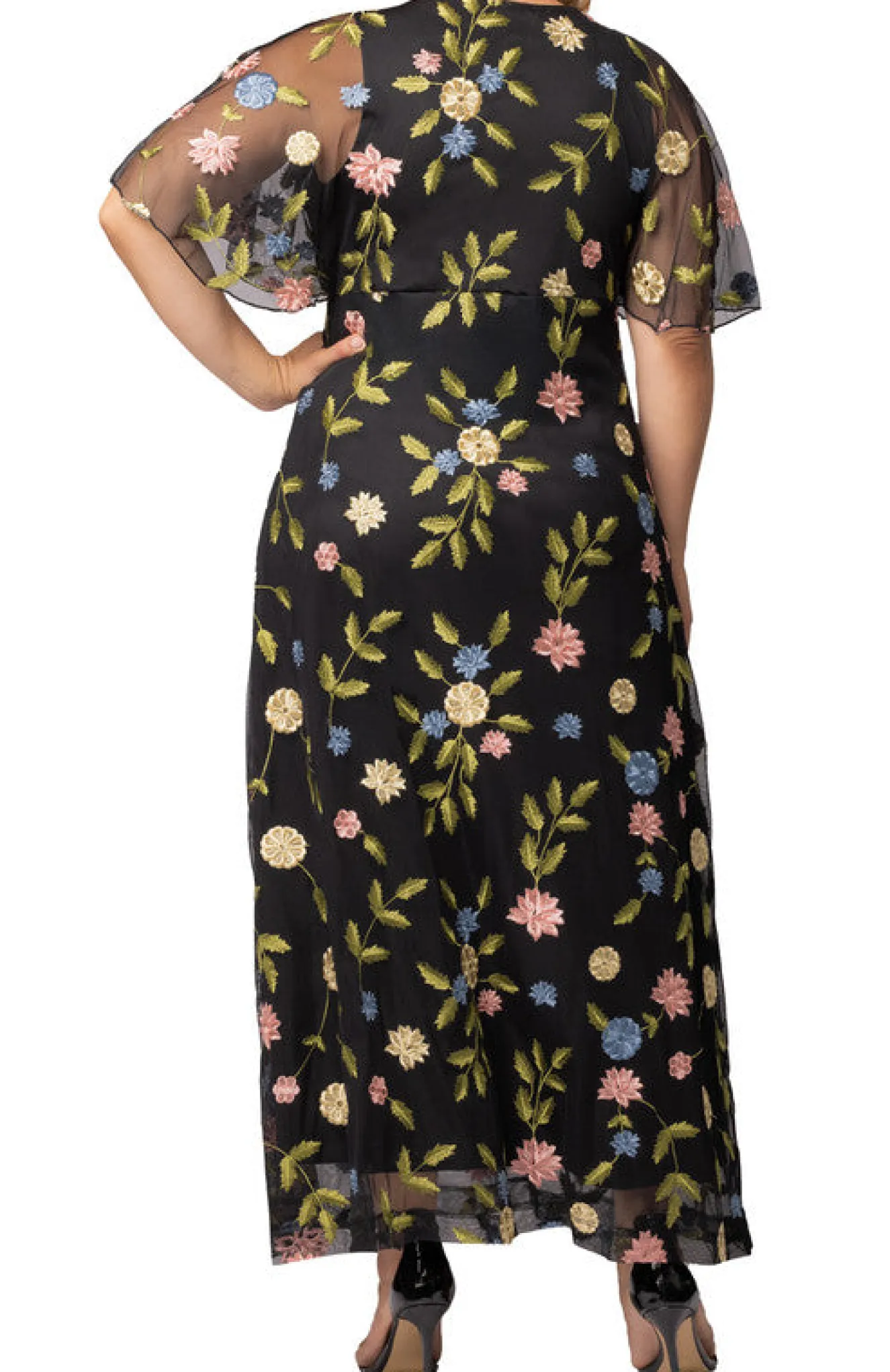 Black Blossom Print Embroidered Elegance Evening Gown - Plus