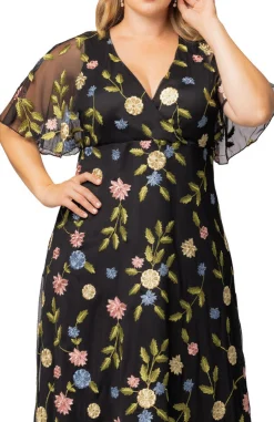 Black Blossom Print Embroidered Elegance Evening Gown - Plus