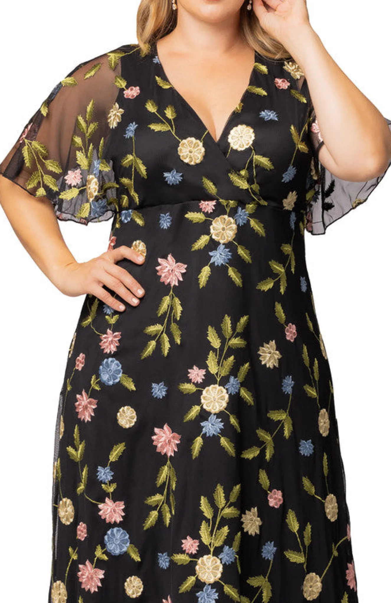 Black Blossom Print Embroidered Elegance Evening Gown - Plus