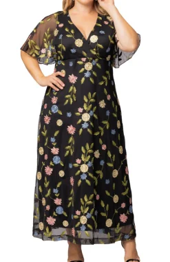 Black Blossom Print Embroidered Elegance Evening Gown - Plus