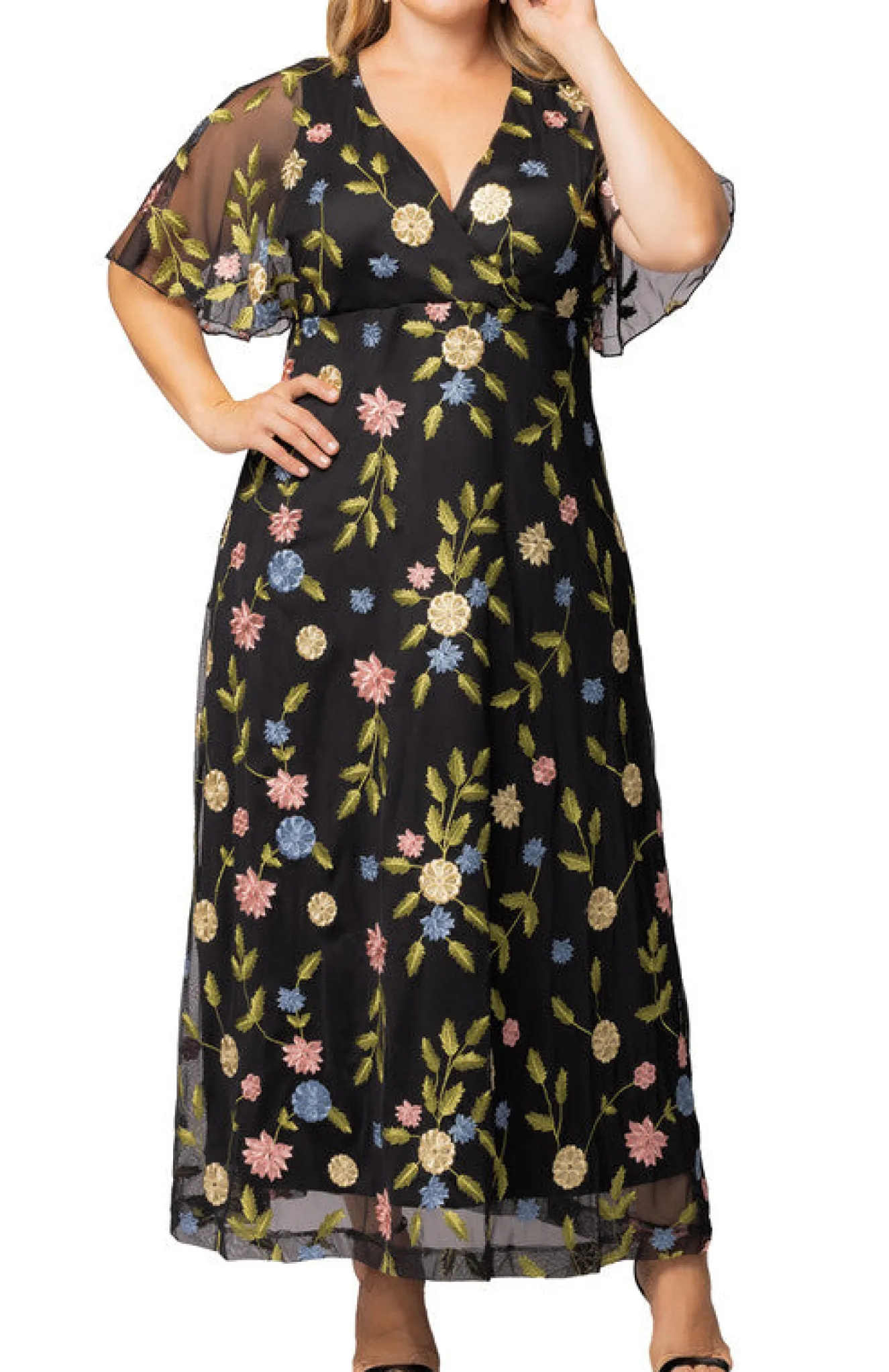Black Blossom Print Embroidered Elegance Evening Gown - Plus