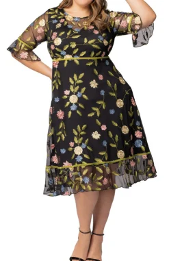 Black Blossom Print Wildflower Embroidered Dress - Plus