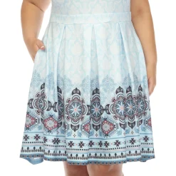 Blue Border Print Fit and Flare Knee Length Dress - Plus