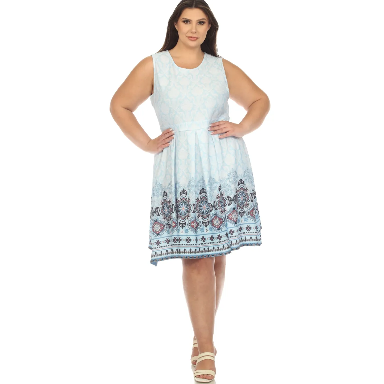 Blue Border Print Fit and Flare Knee Length Dress - Plus