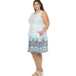 Blue Border Print Fit and Flare Knee Length Dress - Plus