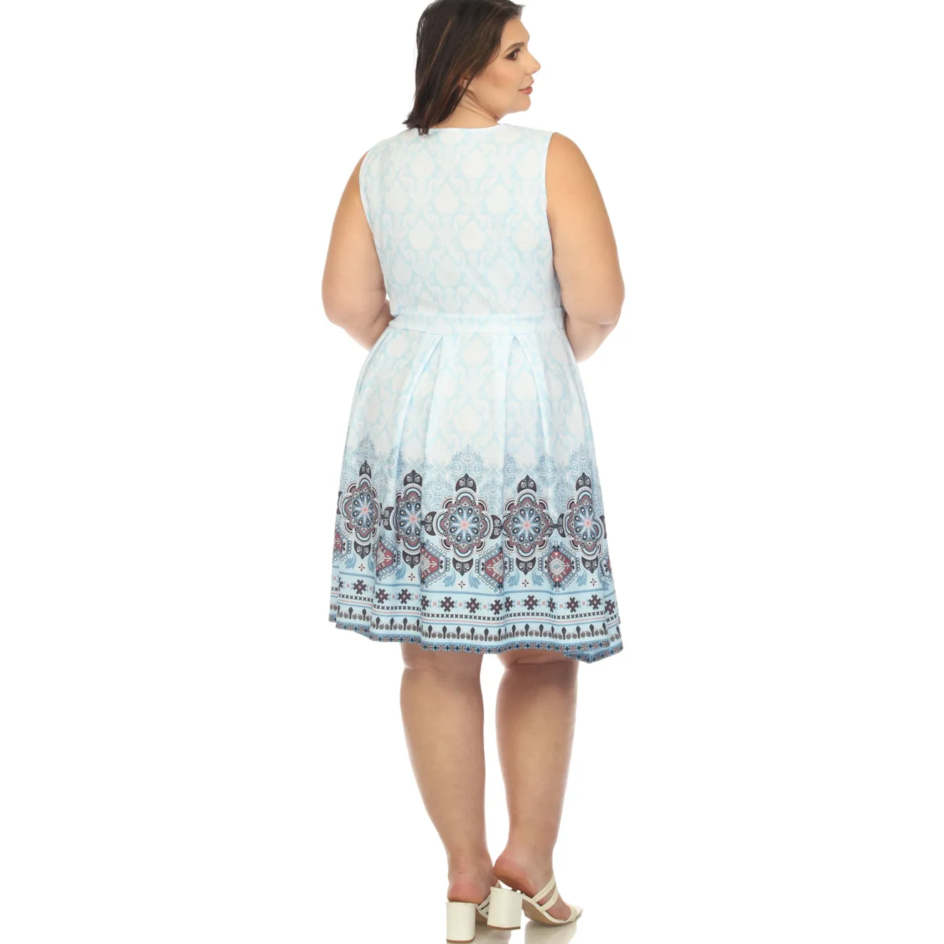Blue Border Print Fit and Flare Knee Length Dress - Plus