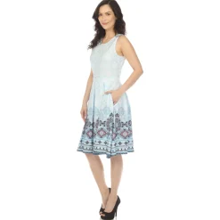 Blue Border Print Fit and Flare Knee Length Dress