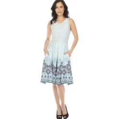 Blue Border Print Fit and Flare Knee Length Dress