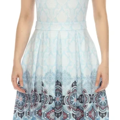 Blue Border Print Fit and Flare Knee Length Dress