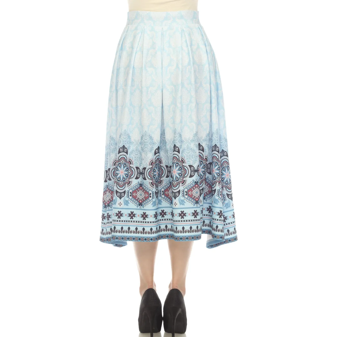Blue Pleated Skirt with Border Prints