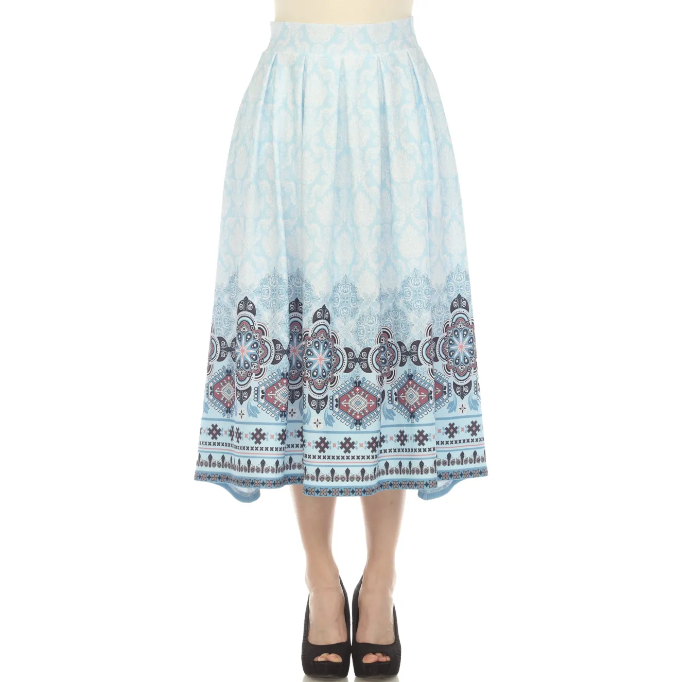 Blue Pleated Skirt with Border Prints