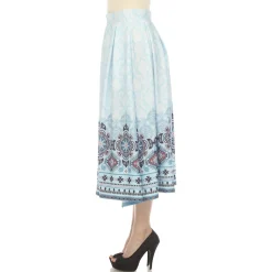 Blue Pleated Skirt with Border Prints