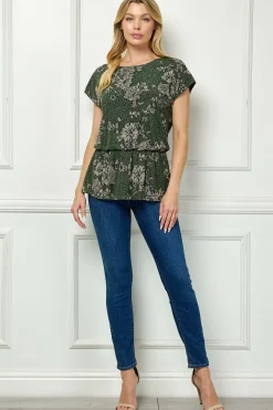 Boat Neck Peplum Blouse in Olive/Black/Tan