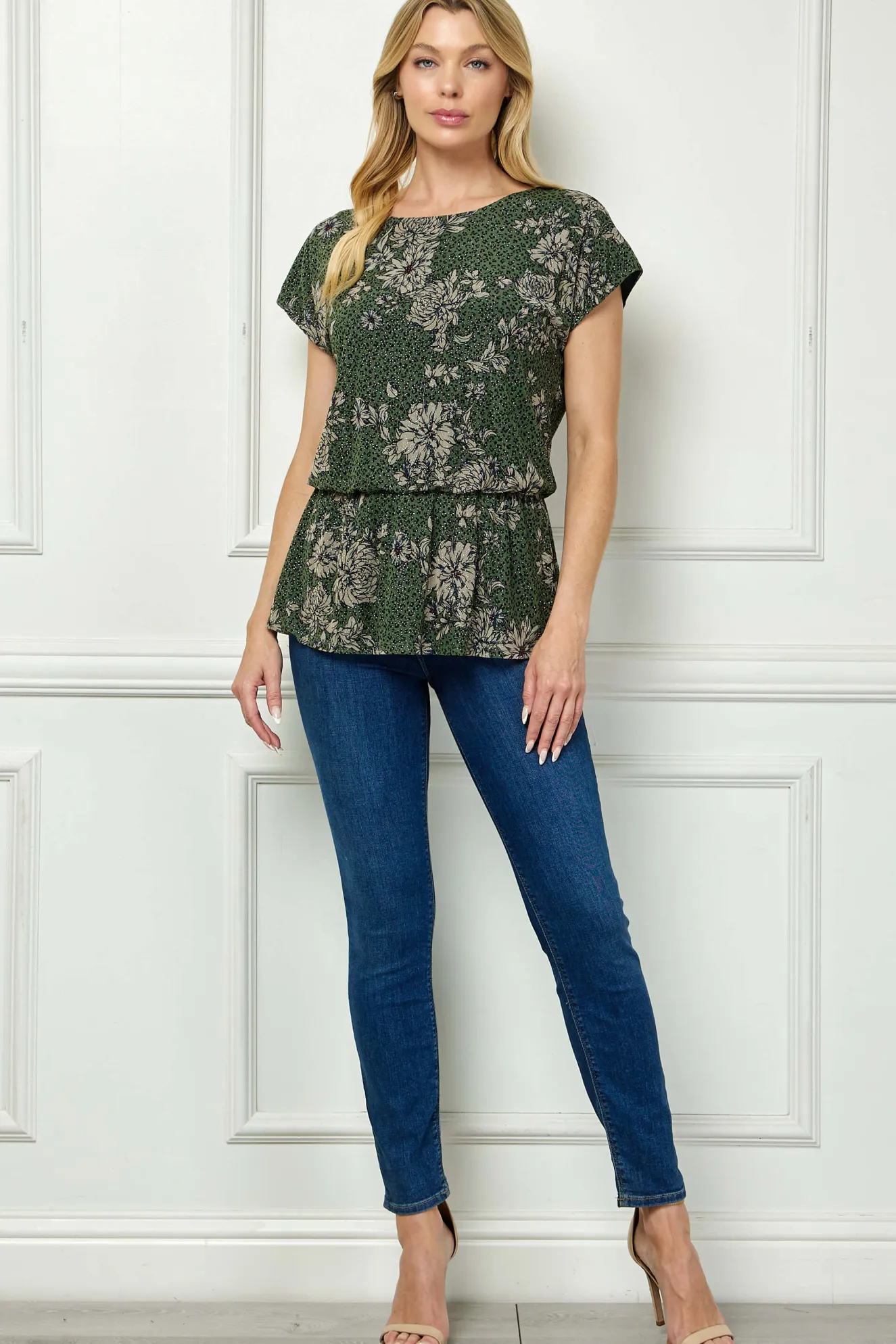 Boat Neck Peplum Blouse in Olive/Black/Tan