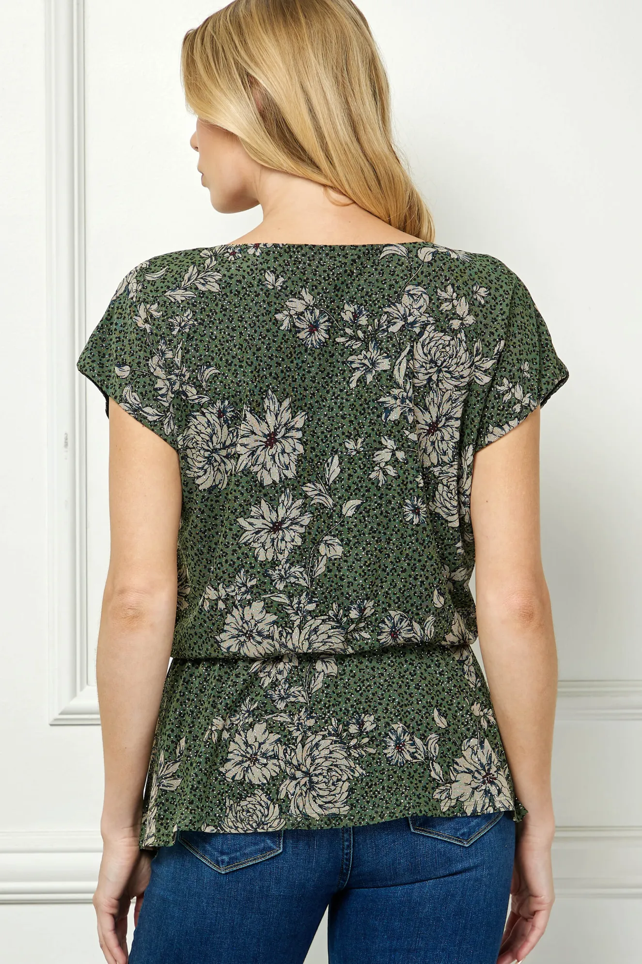 Boat Neck Peplum Blouse in Olive/Black/Tan