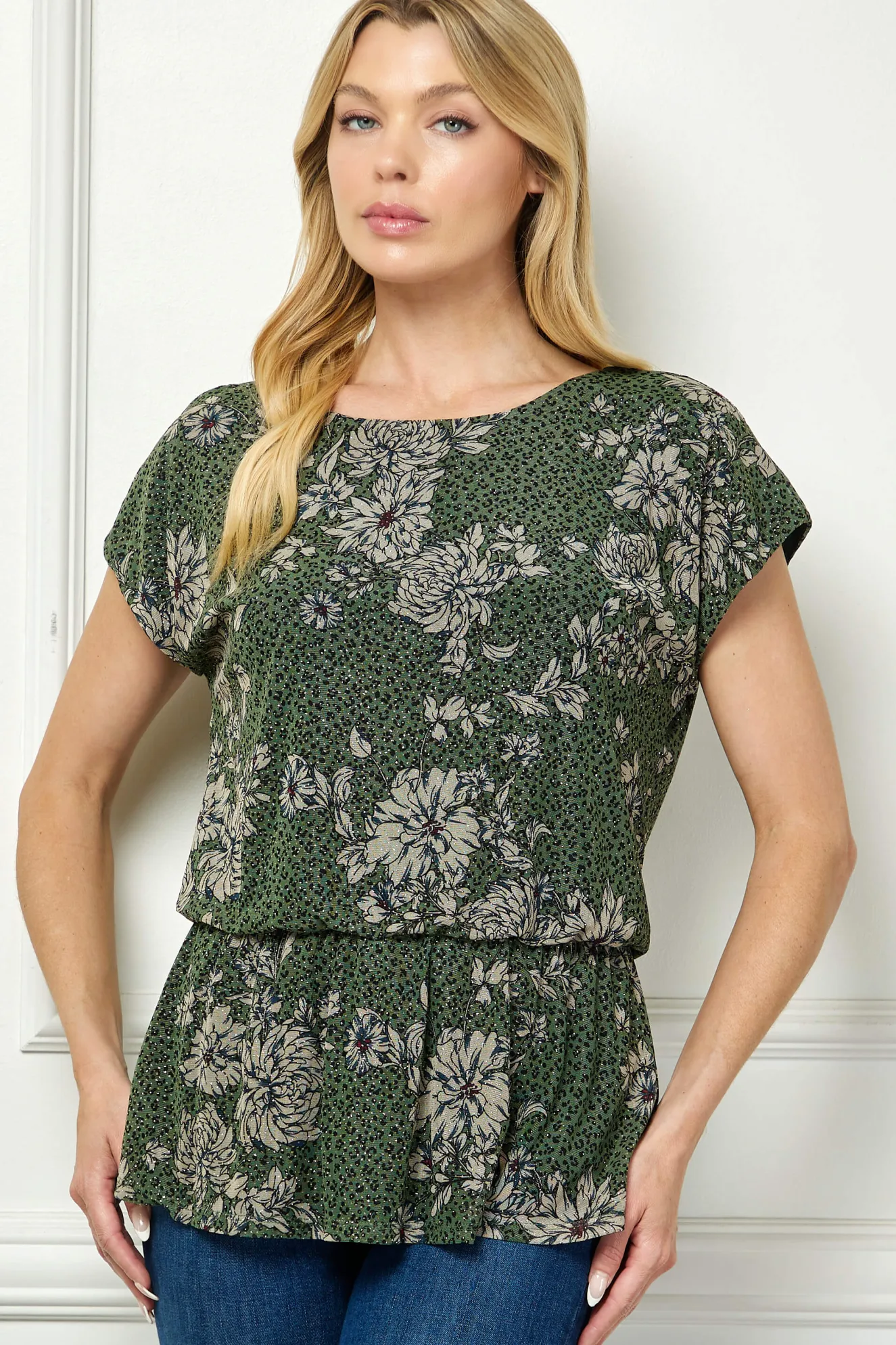 Boat Neck Peplum Blouse in Olive/Black/Tan