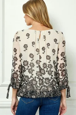 Bubble Hem 3/4 Tie Sleeve Blouse -Beige