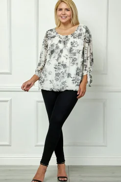 Bubble Hem 3/4 Tie Sleeve Blouse - Black/White - Plus