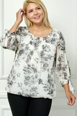 Bubble Hem 3/4 Tie Sleeve Blouse - Black/White - Plus