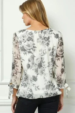 Bubble Hem 3/4 Tie Sleeve Blouse - Black/White