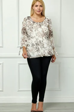 Bubble Hem 3/4 Tie Sleeve Blouse - Beige - Plus