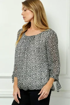 Bubble Hem 3/4 Tie Sleeve Blouse - Cream