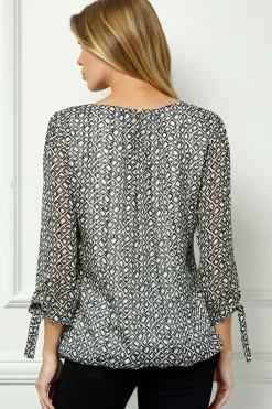 Bubble Hem 3/4 Tie Sleeve Blouse - Cream