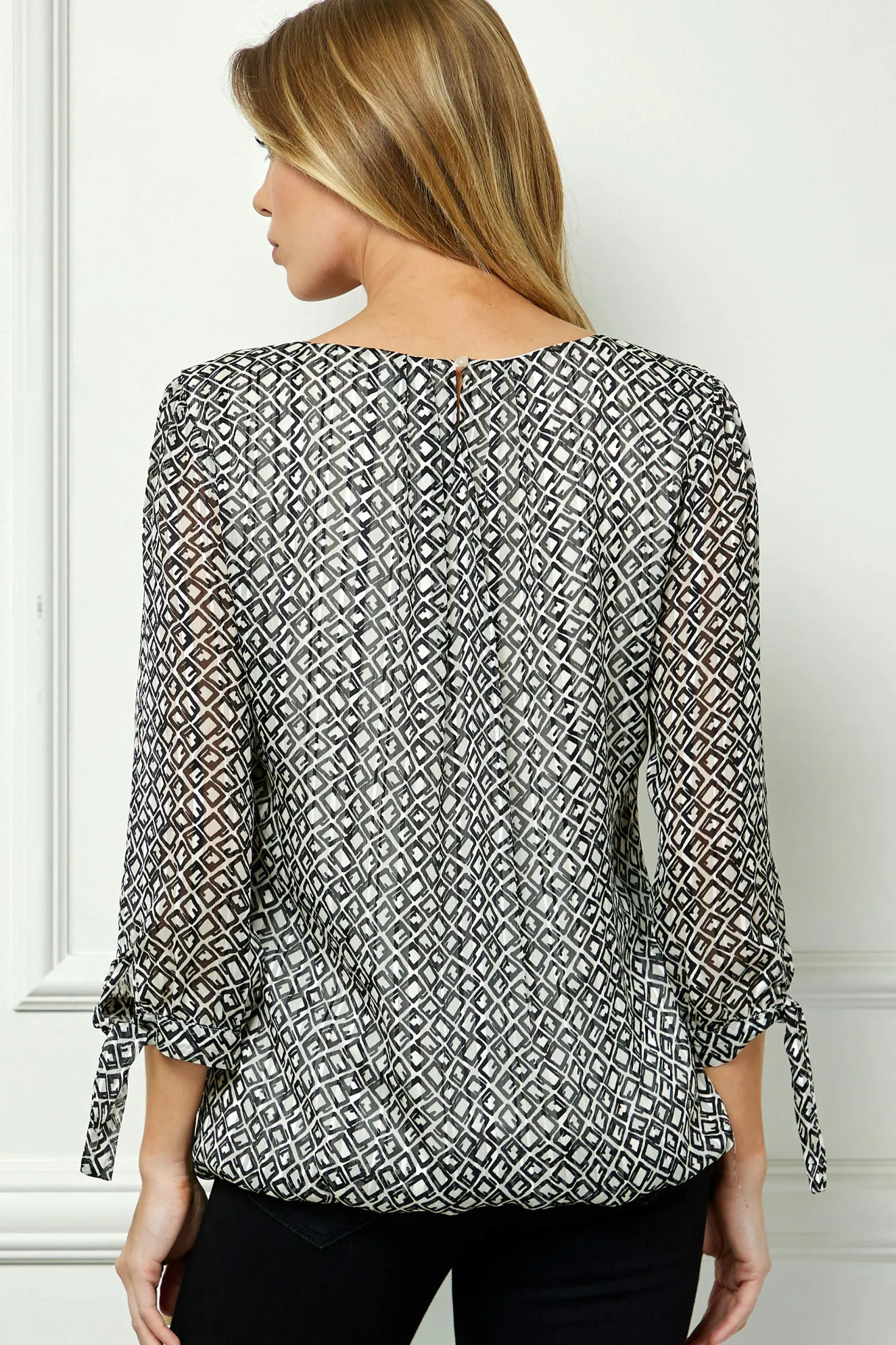 Bubble Hem 3/4 Tie Sleeve Blouse - Cream