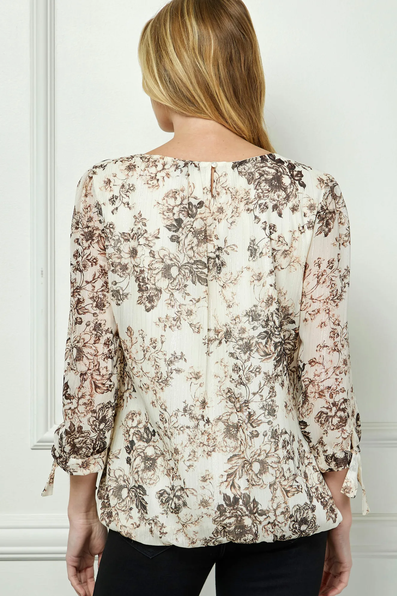 Bubble Hem 3/4 Tie Sleeve Blouse - Eggshell