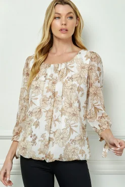 Bubble Hem 3/4 Tie Sleeve Blouse - Ivory/Tan
