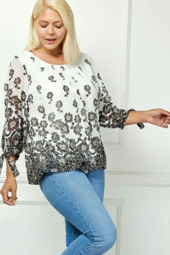 Bubble Hem 3/4 Tie Sleeve Blouse in Ivory - Plus