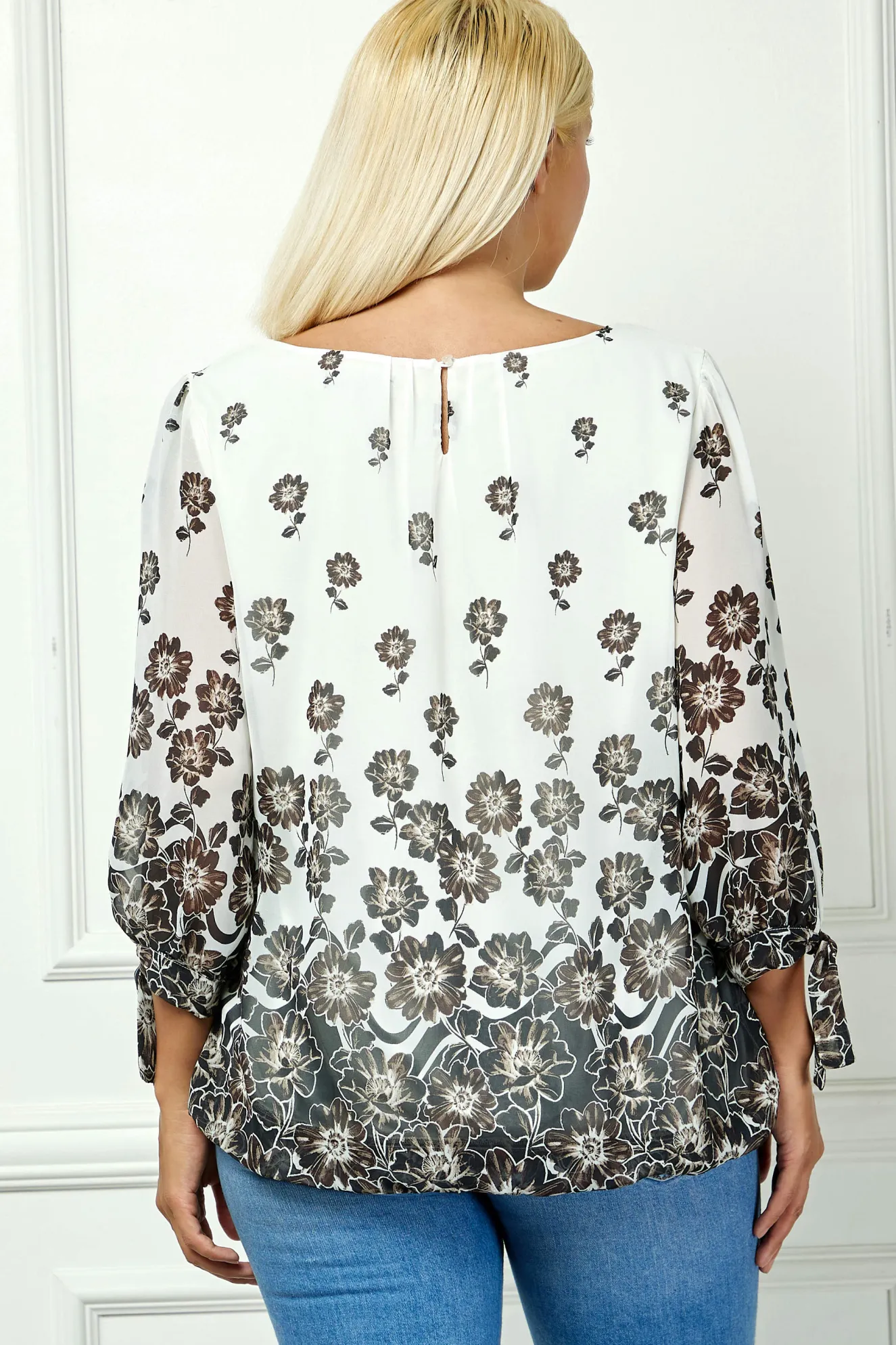 Bubble Hem 3/4 Tie Sleeve Blouse in Ivory - Plus