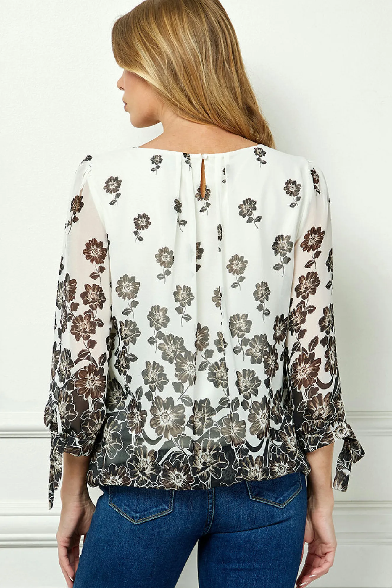 Bubble Hem 3/4 Tie Sleeve Blouse in Ivory