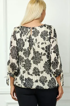 Bubble Hem 3/4 Tie Sleeve Blouse in Beige - Plus