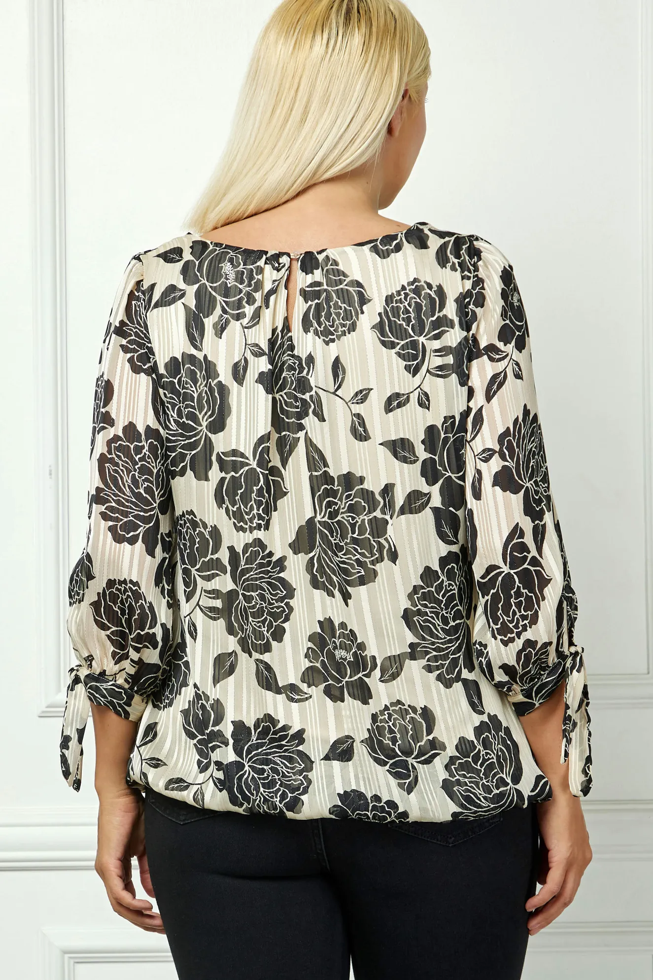 Bubble Hem 3/4 Tie Sleeve Blouse in Beige - Plus