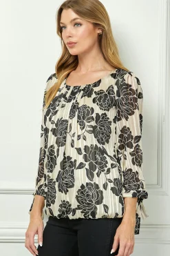 Bubble Hem 3/4 Tie Sleeve Blouse in Beige