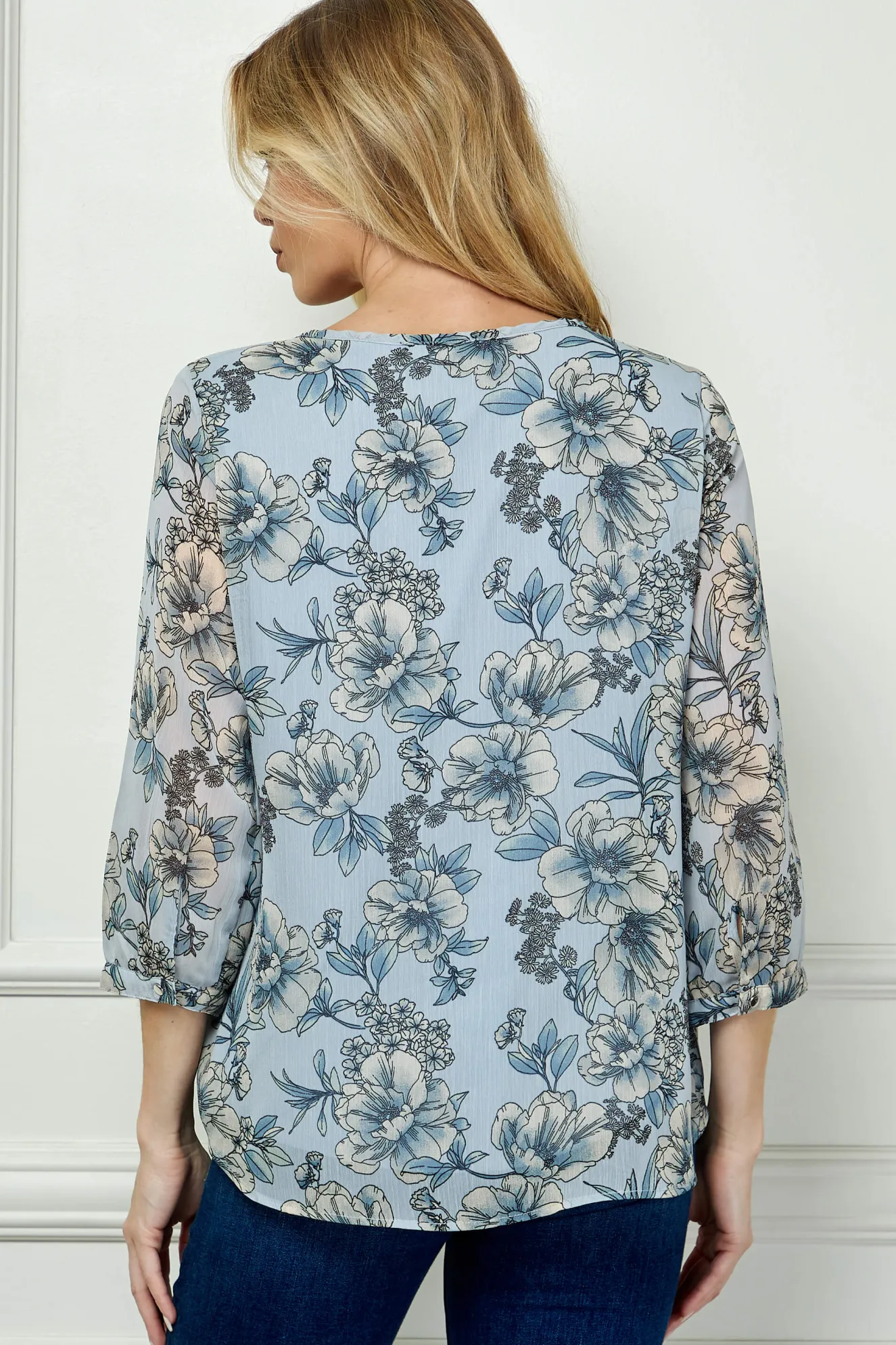 3/4 Button Cuff Sleeve Smock Shoulder Tie Neck Blouse in Blue - Floral