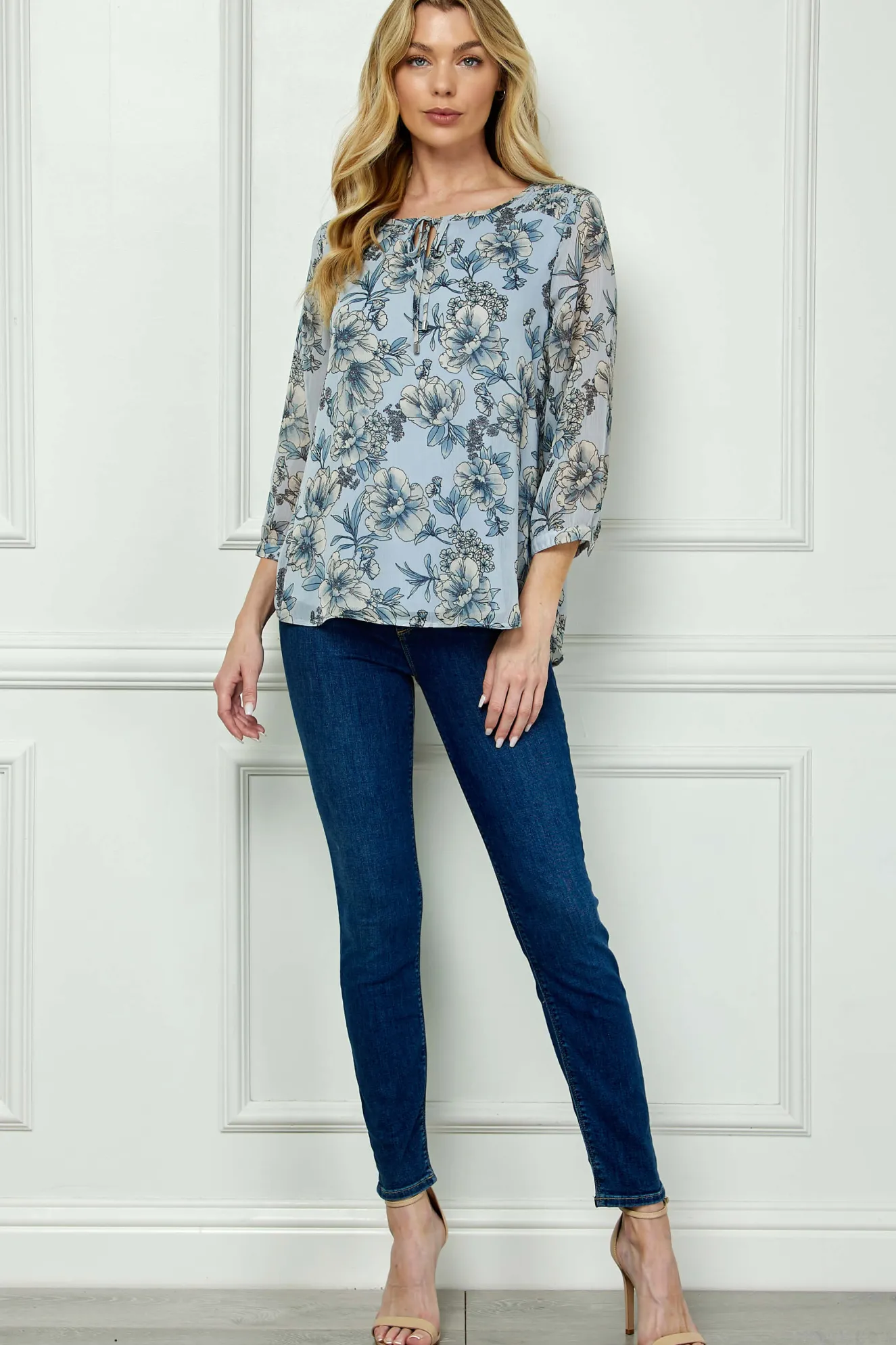 3/4 Button Cuff Sleeve Smock Shoulder Tie Neck Blouse in Blue - Floral