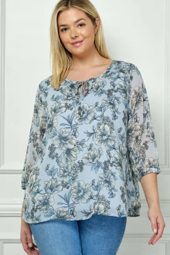 3/4 Button Cuff Sleeve Smock Shoulder Tie Neck Blouse in Blue Floral - Plus