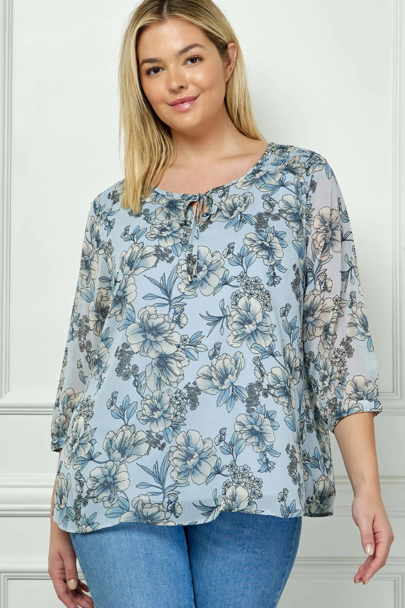 3/4 Button Cuff Sleeve Smock Shoulder Tie Neck Blouse in Blue Floral - Plus