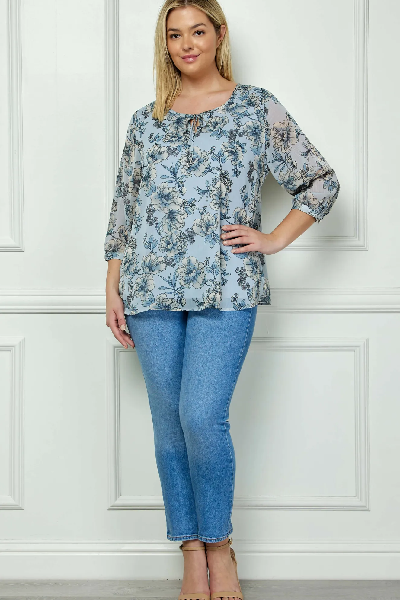 3/4 Button Cuff Sleeve Smock Shoulder Tie Neck Blouse in Blue Floral - Plus
