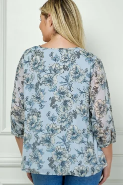 3/4 Button Cuff Sleeve Smock Shoulder Tie Neck Blouse in Blue Floral - Plus