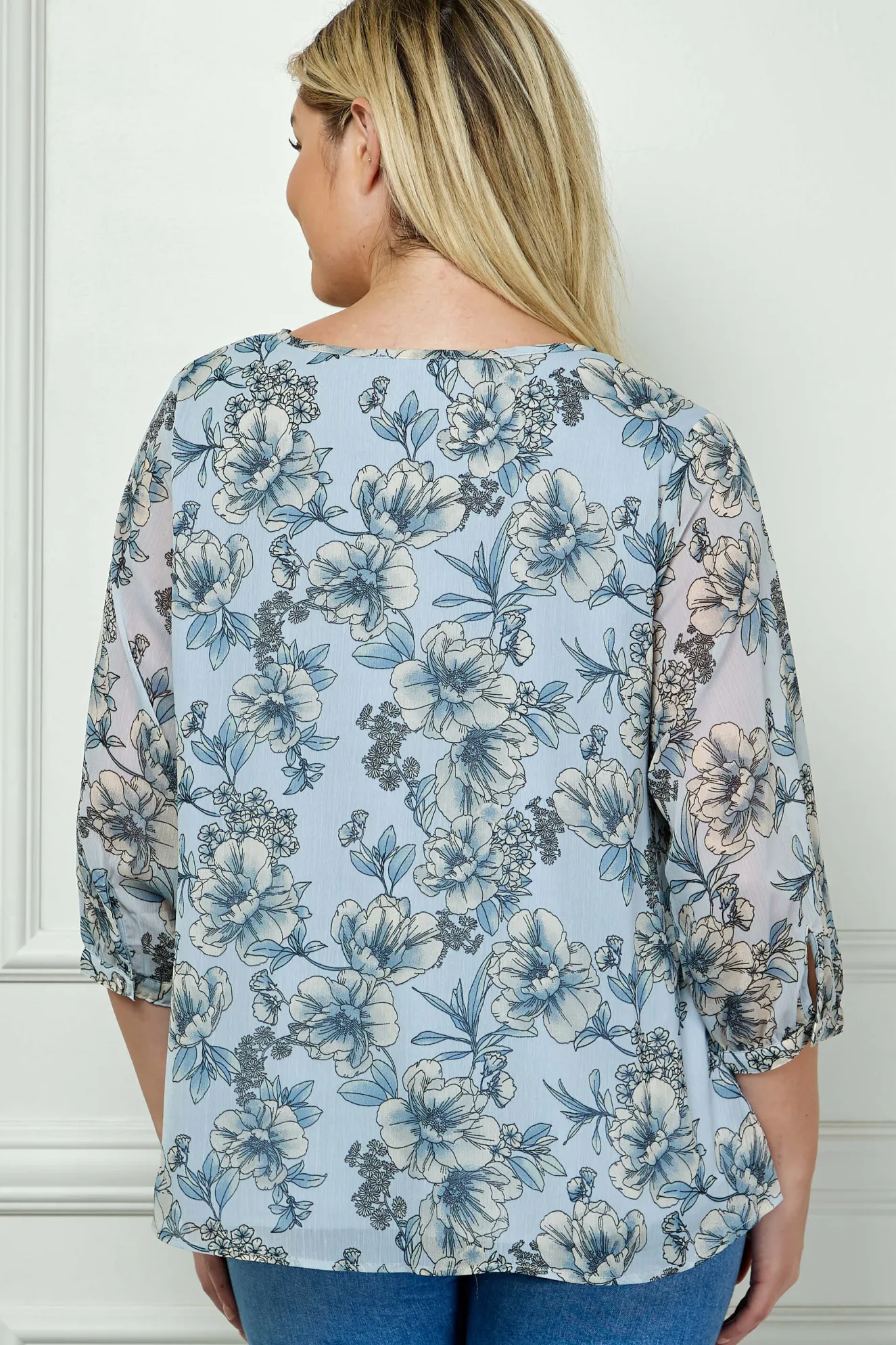 3/4 Button Cuff Sleeve Smock Shoulder Tie Neck Blouse in Blue Floral - Plus